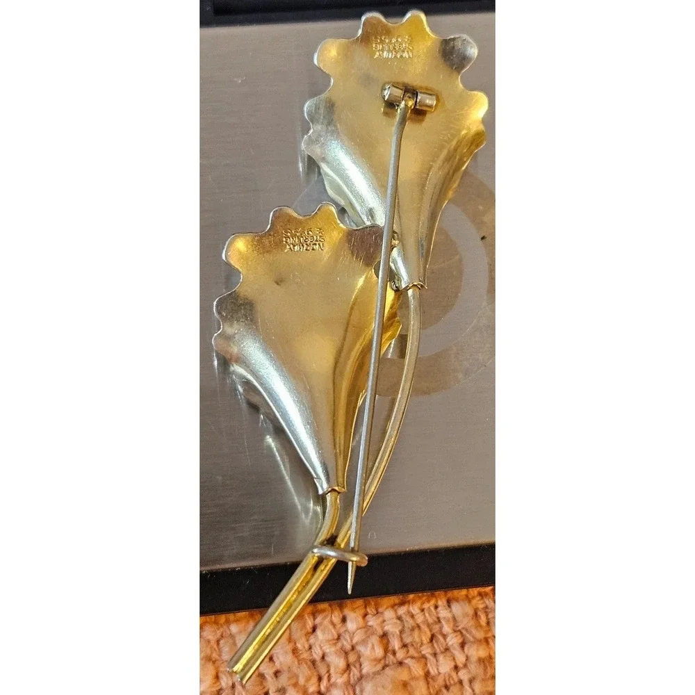 Aksel Holmsen Norway Sterling Mid-Century Vermeil Enamel Double Orchid Brooch